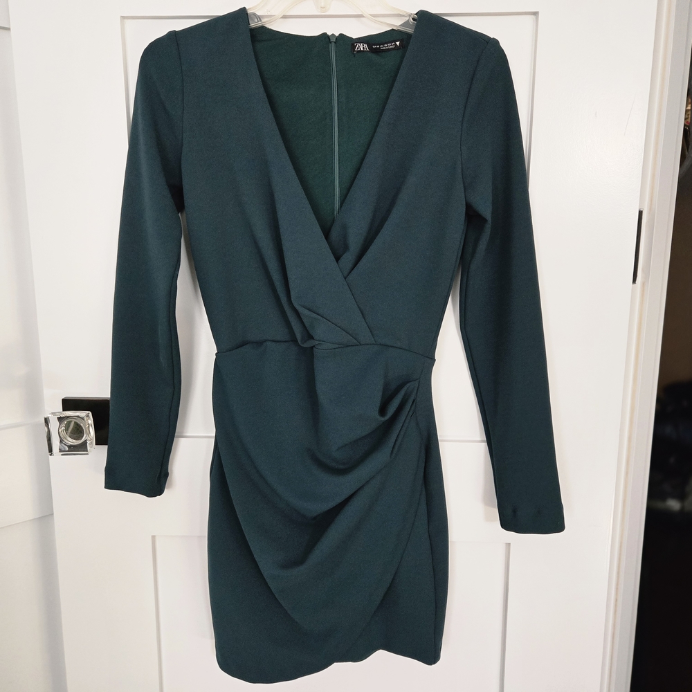 Zara Dark Green V-Neck Faux-Wrap Dress Size XS